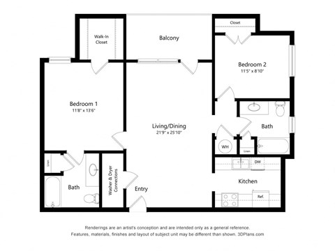 2 Bedroom Floor Plan at The Flats on Waters Edge, Hermitage